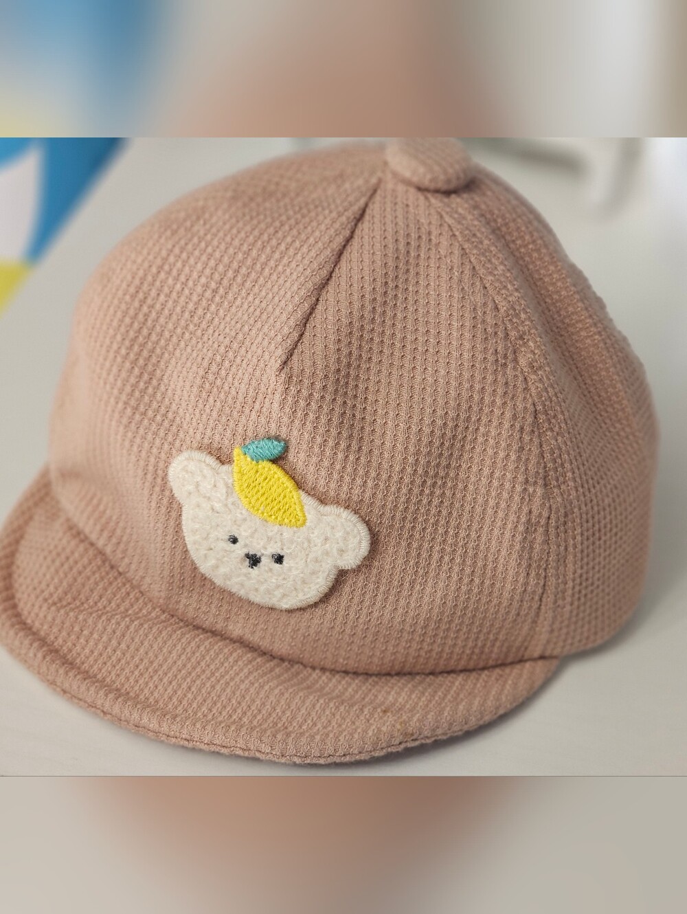 Kids Soft Knit Pink Bear Cap with Lemon Patch